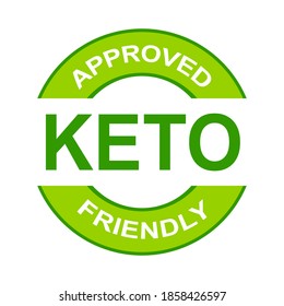 Keto approved friendly stamp. Ketogenic diet. Love keto. Green round frame. Plant based vegan food product label. Logo or icon. Sticker. 