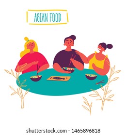 Keto Asian food. Young friends eating rice in a thai restaurant with chopsticks. Girls and boy eat hot spicy shirataki fried food from wok. People. Vector colorful illustration