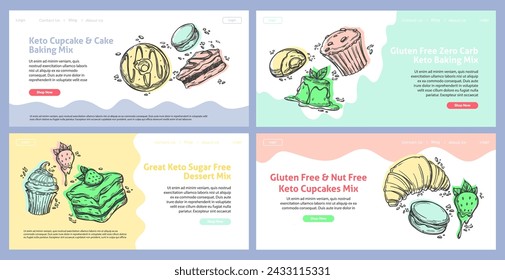 Keto baking mix, cake at web page concept set. Sugar free, zero carb dessert promotion at landing banner header. Template design for confectionery, healthy food online order collection