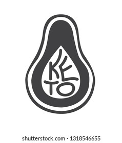 Keto. Black and white vector flat illustration of an avocado with hand written word isolated on white background. Motivational card on healthy eating, ketogenic and low carb high fat diet. 