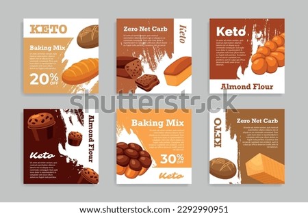 Keto bread baking mix sale discount advertising poster set vector illustration. Dietary healthy food cooking promo special offer price off commerce advertising post. Dry nourishment ketogenic prepare