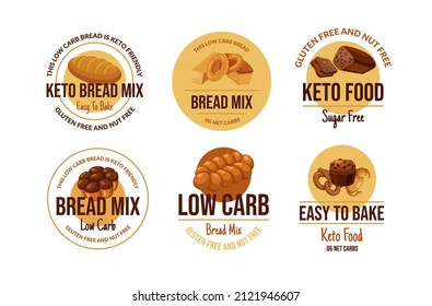 Keto Bread Mix Circle Label Collection Vector Flat Illustration. Collection Baking Dry Ingredients For Cooking Healthy Food Isolated. Promo Sticker Rounded Tag For Healthcare Dietary Nutrition Product