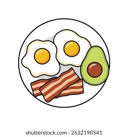 Keto Breakfast With Eggs, Bacon, and Avocado on a White Background