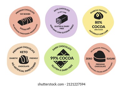 Keto chocolate sticker collection vector flat illustration. Set package label of premium sweet bars isolated. Natural food dessert pack diabetic friendly, gluten sugar free, non gmo for healthy meal