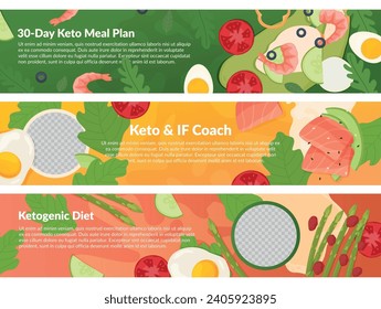 Keto coach ketogenic diet meal plan banner header with copy space design template set vector illustration. Dietary food and healthy lifestyle training learning education teaching advertising promo
