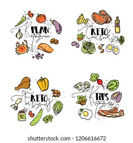 Keto Cook Book, Ketogenic Plan, Keto For Beginners, Ketogenic Tips - Vector Sketch Illustration, Multi-colored Sketch Healthy Concept. Healthy Keto Diet With Texture In A Circle Form - All Nutrients