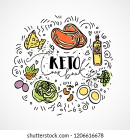 Keto Cook Book - Vector Sketch Illustration - Multi-colored Sketch Healthy Concept. Healthy Keto Diet Cook Book With Texture And Decorative Elements In A Circle Form - All Nutrients, Like Fats, Carbs