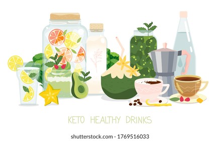 Keto diet approved drinks and beverage. Healthy ketogenic drinks vector set on white background with fresh water, natural lemonade, coffee, herbal tea, green smoothie cocktail, oat milk and coconut