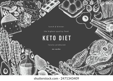 Keto Diet Chalk Board Design Template. Vector Hand Drawn Healthy Food Banner. Vintage Style Ketogenic Menu Illustration.