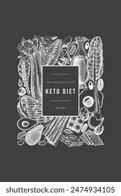 Keto Diet Chalk Board Design Template. Vector Hand Drawn Healthy Food Banner. Vintage Style Ketogenic Menu Illustration.