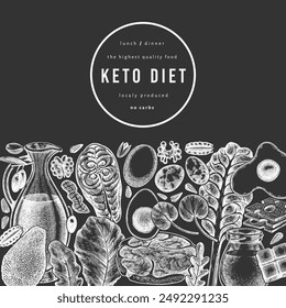 Keto Diet Chalk Board Design Template. Vector Hand Drawn Healthy Food Banner. Vintage Style Ketogenic Menu Illustration.