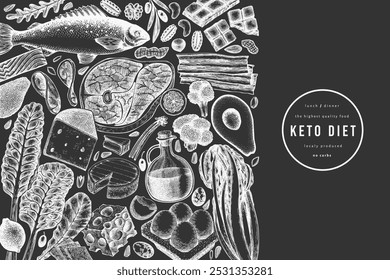 Keto Diet Chalk Board Design Template. Vector Hand Drawn Healthy Food Banner. Vintage Style Ketogenic Menu Illustration.