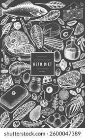Keto Diet Chalk Board Design Template. Vector Hand Drawn Healthy Food Banner. Vintage Style Ketogenic Menu Illustration.