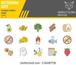 Keto diet color line icon set, ketogenic symbols collection, vector sketches, logo illustrations, ketogenic diet icons, food signs colorful linear pictograms, editable stroke