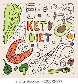 Keto diet concept . Doodle style vector illustration . Freehand color drawing .
