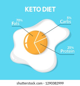 Keto diet concept. Egg diagram showing percentage of fats, carbs and protein. Low-carb nutrition. Ketogenic diet graphic. Isolated vector illustration in cartoon style