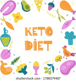 
Keto diet concept. Foods high in fat and protein. Poster with different products. Vector illustration isolated on white background.