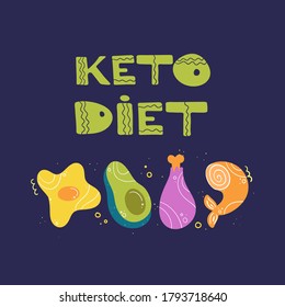 
Keto Diet Concept. Lettering. Foods High In Fat And Protein. Egg, Avacado, Chicken, Shrimp. Vector Illustration On A Dark Background. Hand Drawing.