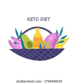 
Keto diet concept. Shopping cart with products. Low-carb foods. Foods high in fat and protein. Vector illustration isolated on white background.