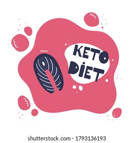 
El concepto de dieta de Keto. Ilustración vectorial del salmón y las letras.