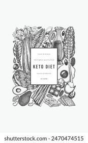 Keto Diet Design Template. Vector Hand Drawn Healthy Food Banner. Vintage Style Ketogenic Menu Illustration.