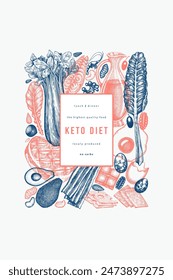 Keto Diet Design Template. Vector Hand Drawn Healthy Food Banner. Vintage Style Ketogenic Menu Illustration.