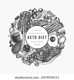 Keto Diet Design Template. Vector Hand Drawn Healthy Food Banner. Vintage Style Ketogenic Menu Illustration.