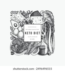 Keto Diet Design Template. Vector Hand Drawn Healthy Food Banner. Vintage Style Ketogenic Menu Illustration.