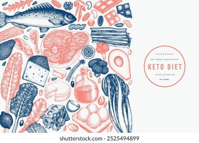 Keto Diet Design Template. Vector Hand Drawn Healthy Food Banner. Vintage Style Ketogenic Menu Illustration.