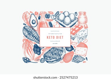Keto Diät-Design-Vorlage. Vektor handgezeichnete gesunde Lebensmittel Banner. Ketogene Menügrafik im Vintage-Stil.