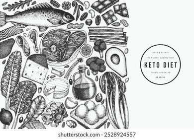 Plantilla de diseño de dieta cetogénica. Vector Dibujado A Mano Anuncio De Alimentos Saludables. Ilustración de menú cetogénica de estilo Antiguas.