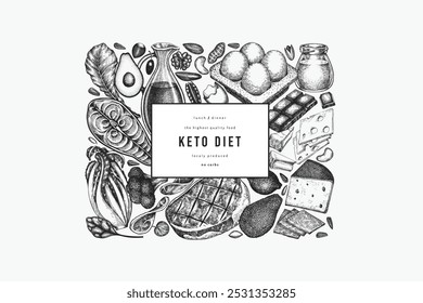 Plantilla de diseño de dieta cetogénica. Vector Dibujado A Mano Anuncio De Alimentos Saludables. Ilustración de menú cetogénica de estilo Antiguas.