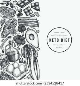 Keto Diet Design Template. Vector Hand Drawn Healthy Food Banner. Vintage Style Ketogenic Menu Illustration.