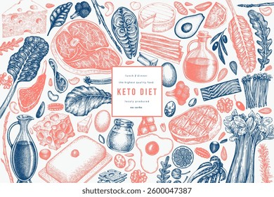 Keto Diet Design Template. Vector Hand Drawn Healthy Food Banner. Vintage Style Ketogenic Menu Illustration.