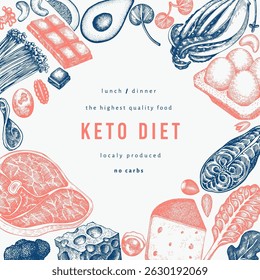 Keto Diet Design Template. Vector Hand Drawn Healthy Food Banner. Vintage Style Ketogenic Menu Illustration.