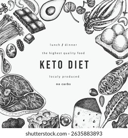 Keto Diet Design Template. Vector Hand Drawn Healthy Food Banner. Vintage Style Ketogenic Menu Illustration.