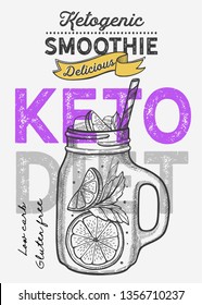 Keto diet drink smoothie illustration for juice restaurant on vintage background. Vector hand drawn poster for cafe.