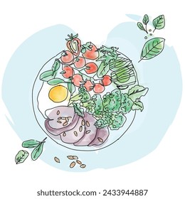 Keto diet -egg, avocado and mix of vegetables on table, vector illustration