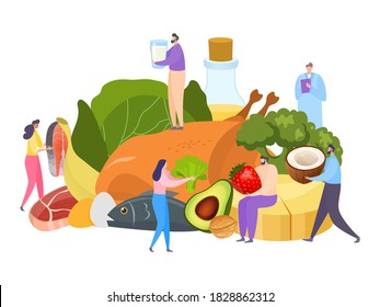 Keto diet, fat food concept vector illustration. Ketogenic protein and carb nutrition lifestyle, healthy flat avocado, fish. Eating meal menu for ketosis, people character loss weight.
