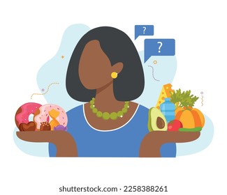 Keto diet flat design concept with black woman holding sweets and alternative useful products on her palms vector illustration