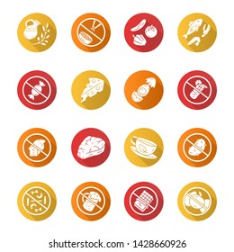 Keto diet flat design long shadow glyph icons set. Low carbs and healthy eating. High protein products. Alcohol, sugar free food labels. Fish, veggies, herbal drink vector silhouette illustration