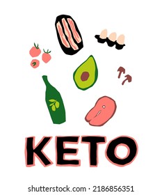 Ilustración vectorial de Keto con dieta plana a mano. Alimentos cetogénicos aislados en fondo blanco. Conjunto de elementos alimentarios ketogénicos saludables y logotipo de keto.