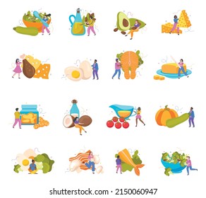 Keto diet flat icons set of food with low carb high healthy fats isolated vector illustration