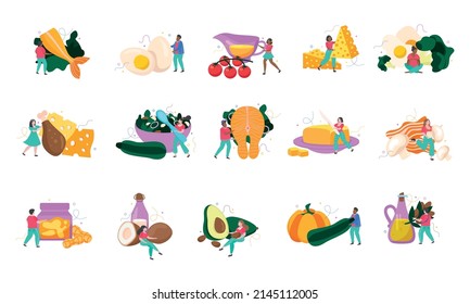 Keto diet flat recolor set of small human characters using meat fish vegetables fruits oil eggs for nutrition isolated vector illustration