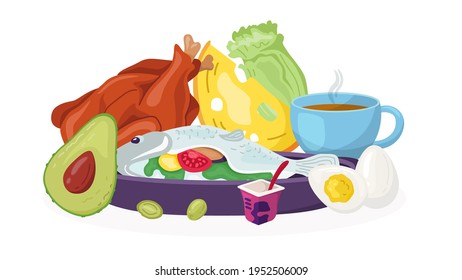 Keto diet food, vector illustration. Healthy nutrition with avocado, vegetable, fish, meat for flat lifestyle concept. Fat organic product