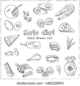 Keto Diet hand drawn doodle set. Vector illustration. Isolated elements on white background. Symbol collection.