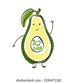 Keto diet hand drawn illustration. Cartoon cute avocado character with lettering. Ketogenic nutrition. Low carb diet. I love keto quote. Style isolated design element rot print, textile, poster