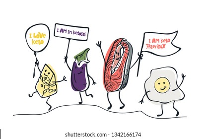 Keto diet hand drawn illustration. Cartoon cute cheese, eggplant, salmon, egg characters with lettering quotes. Ketogenic nutrition. Low carb. Style isolated design element rot print, textile, poster