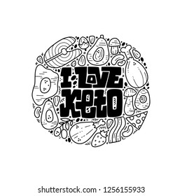 Keto diet hand drawn vector illustration.Handwritten lettering.Sketch of low carbs ketogenic diet food. Healthy nutrition. Ketogenic nutrition illustration. 