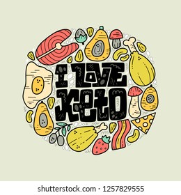 Keto diet hand drawn vector illustration.
Handwritten lettering.
Sketch of low carbs ketogenic diet food. Healthy nutrition. Ketogenic nutrition illustration. 